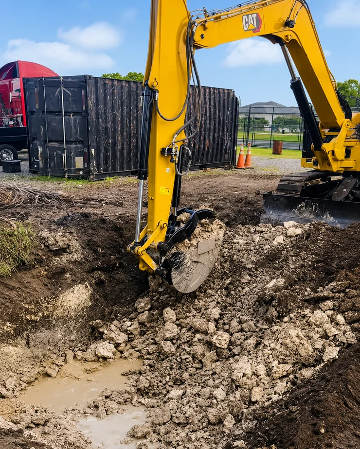 305 Underground Construction excavating a drainage and sewer trench with standing water in Florida