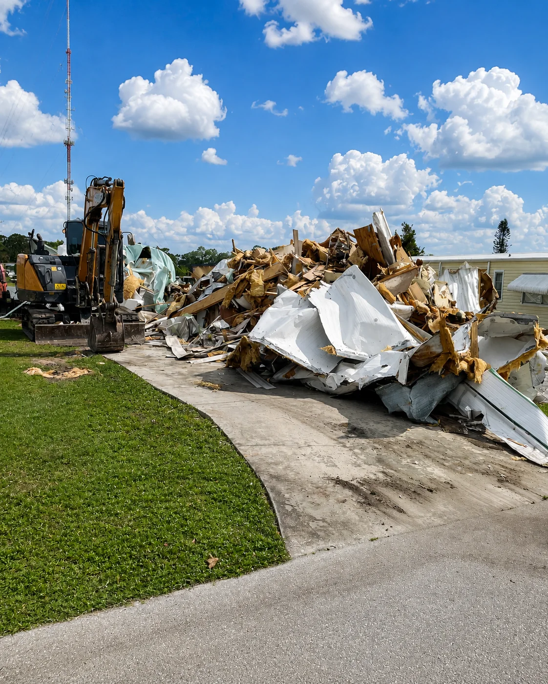 305UGC excavator beside insulation and siding debris from residential mobile home demolition