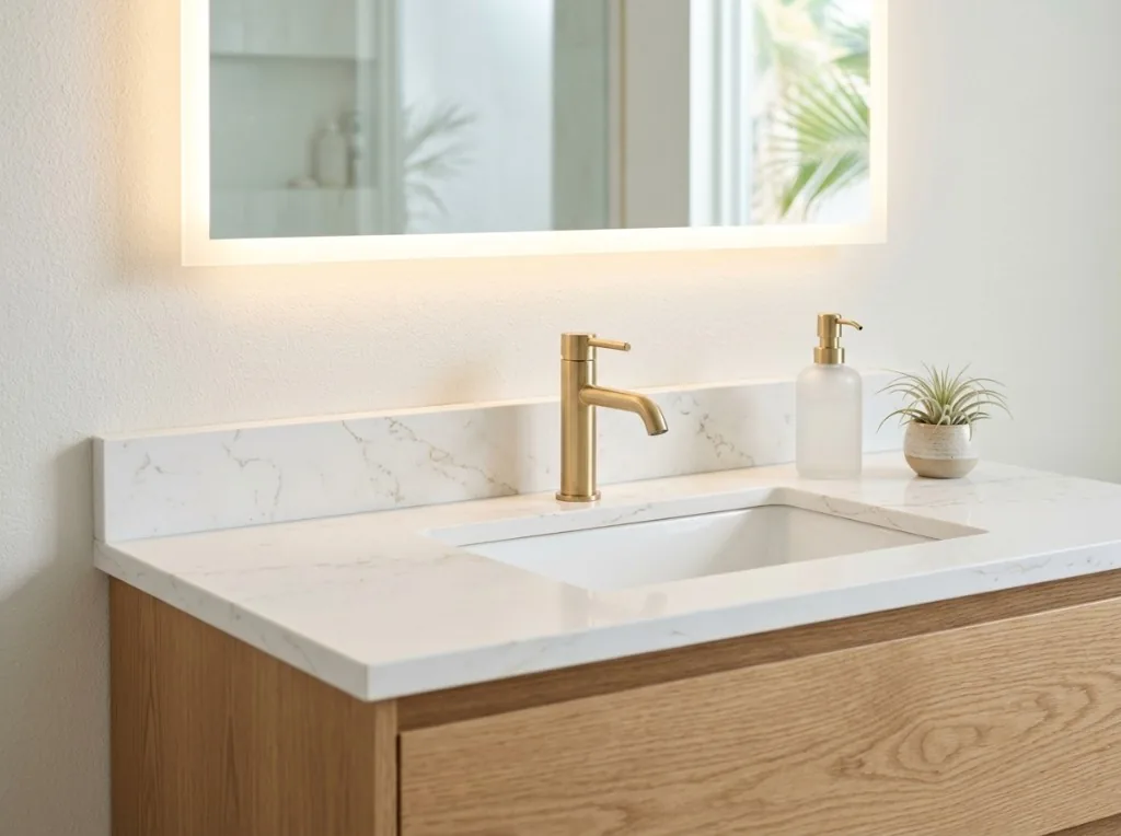 305UGC bathroom remodel floating vanity with LED mirror and quartz top
