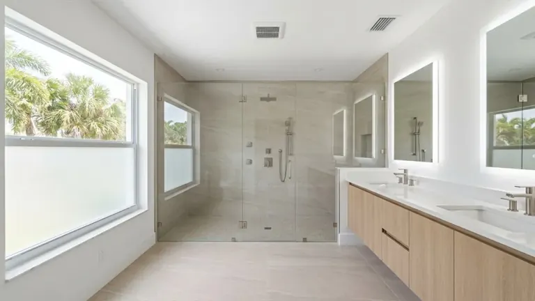 305UGC bathroom remodel frameless glass shower with porcelain tile
